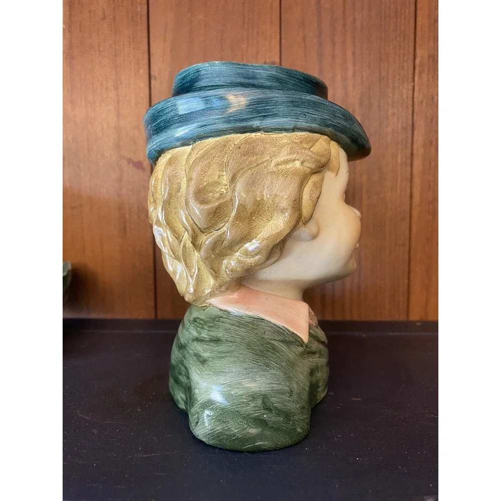 2 Vintage Jug Head Figural Girl Boy Vase Mug w/vegetable Radish Eggplant handle